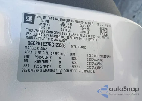 2011 Chevrolet Silverado 1500 Ltz из США, поврежденный, VIN 3GCPKTE27BG123538